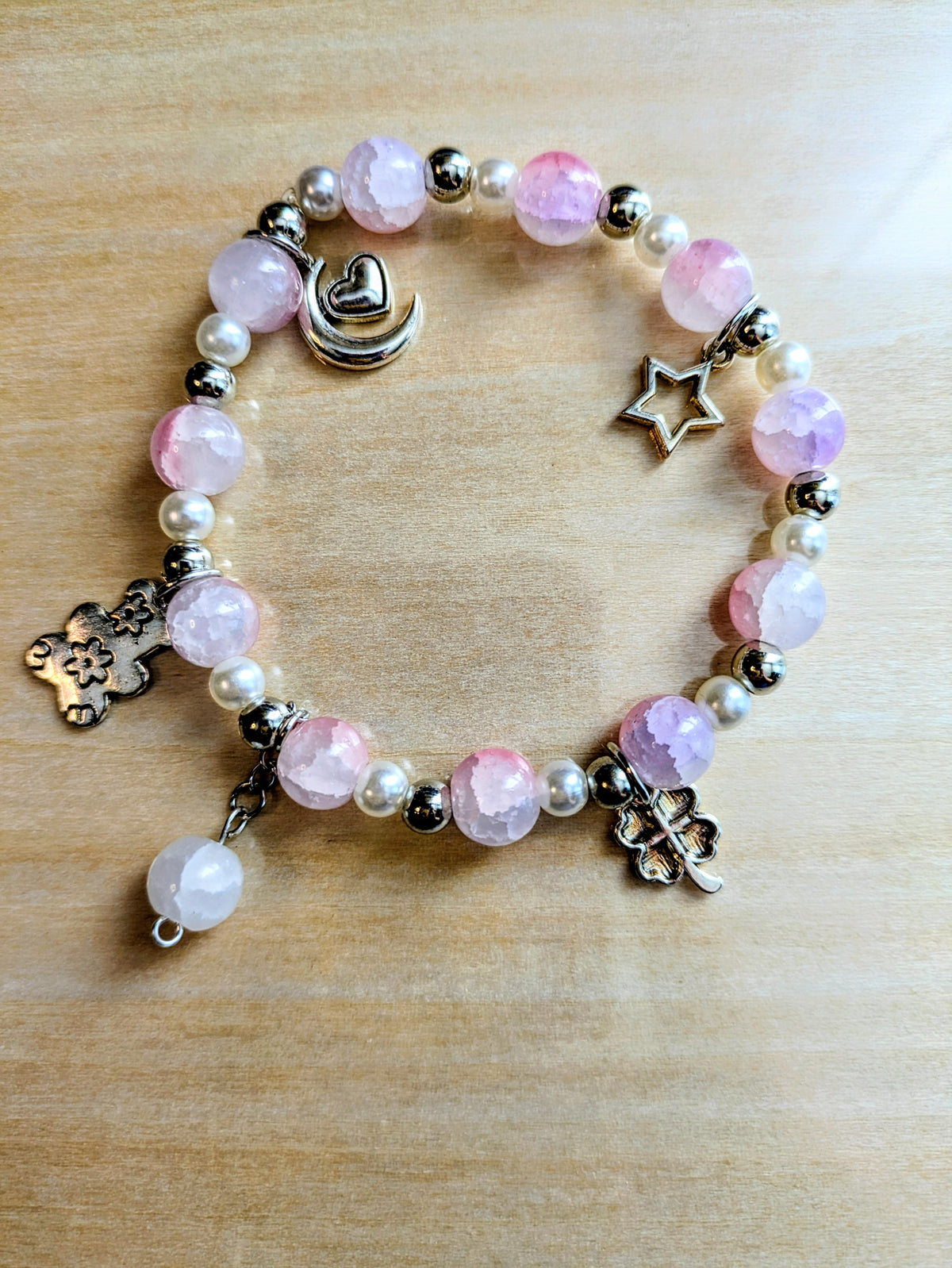 Pink and White Cats Eye Charmed Bracelet