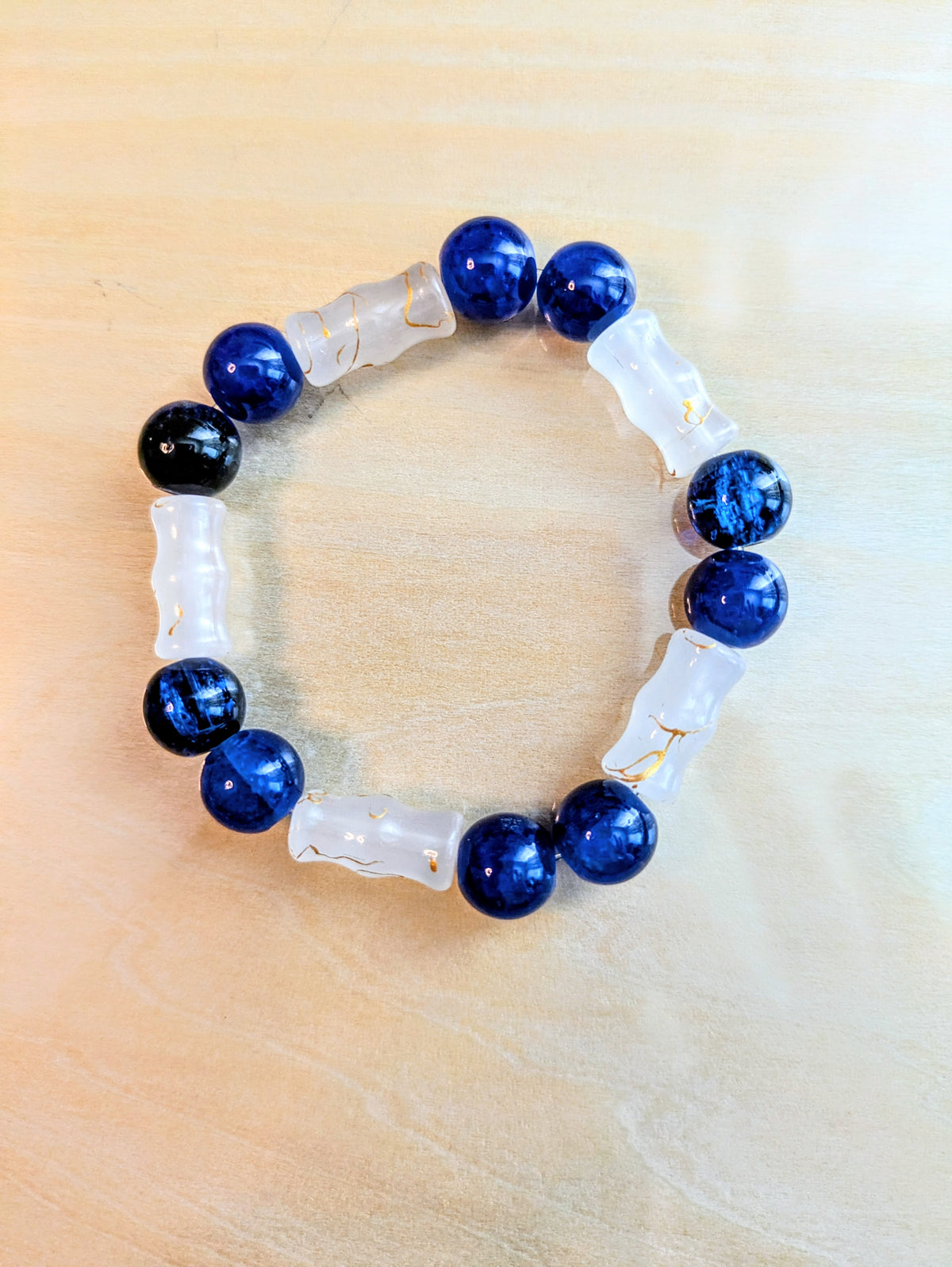Blue Glass Beads with White Bamboo Beaded Bracelet