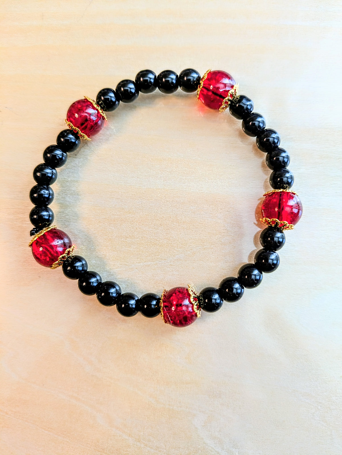 Ruby Red and Black Glass Beaded Bracelet