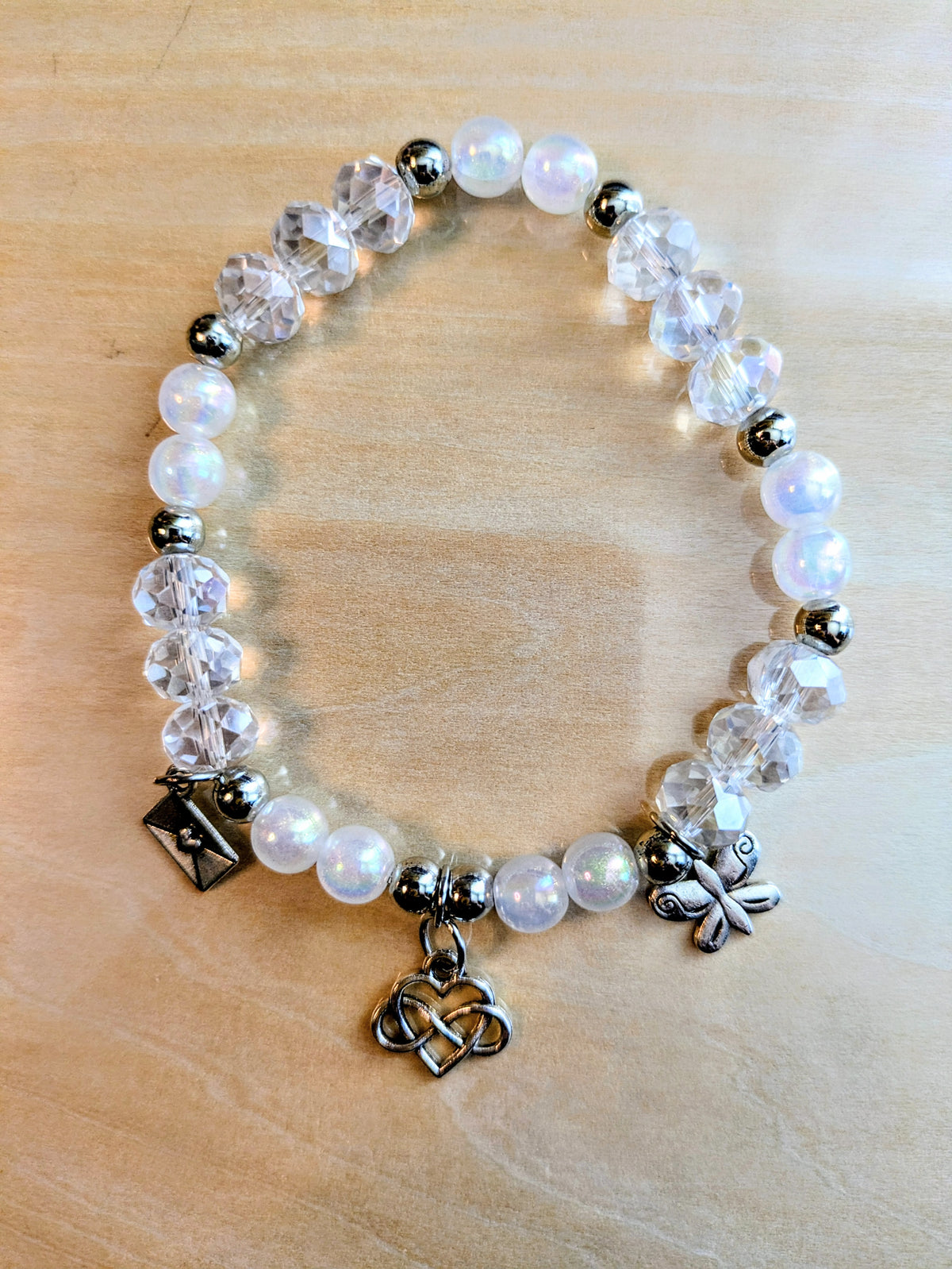 White Pearl and Crystal Glass Charmed Bracelet