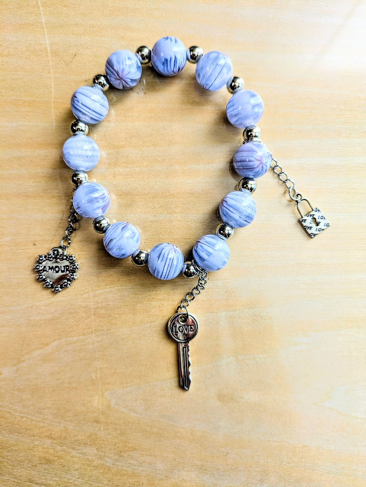 Blue/White Marbled Beads with Charms