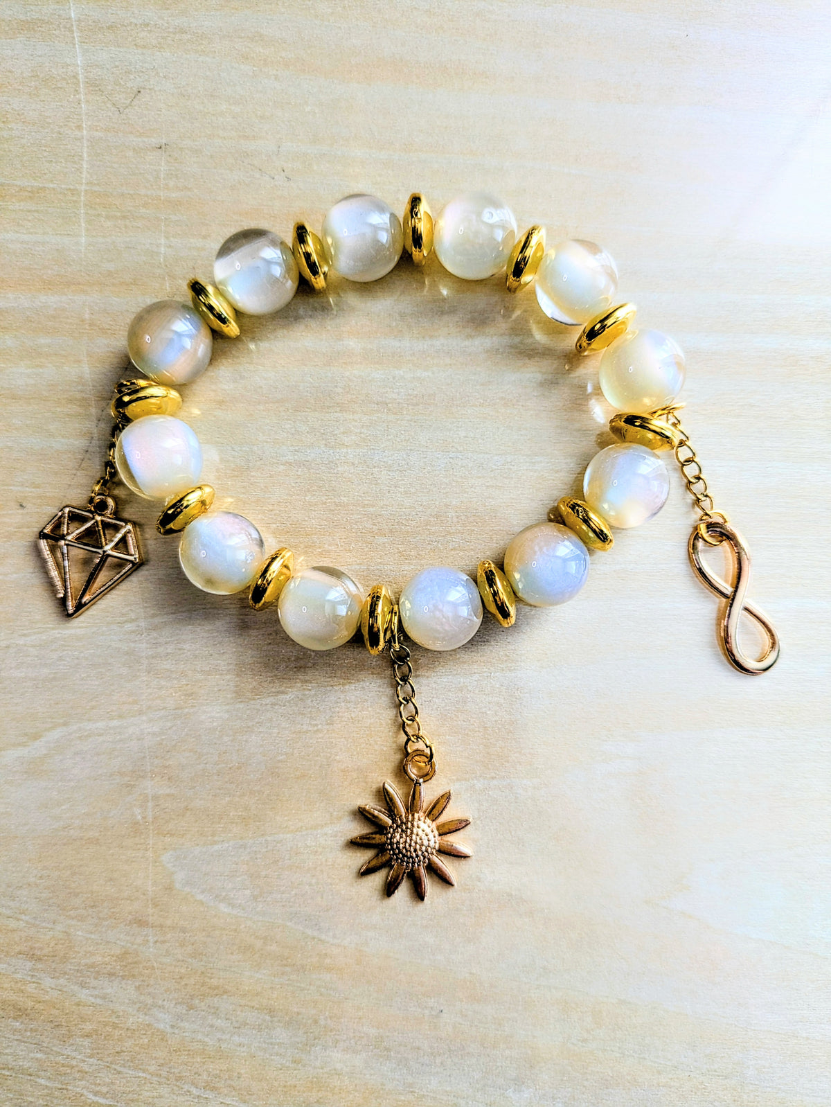 Creamy Cat's Eye Charmed Beaded Bracelet