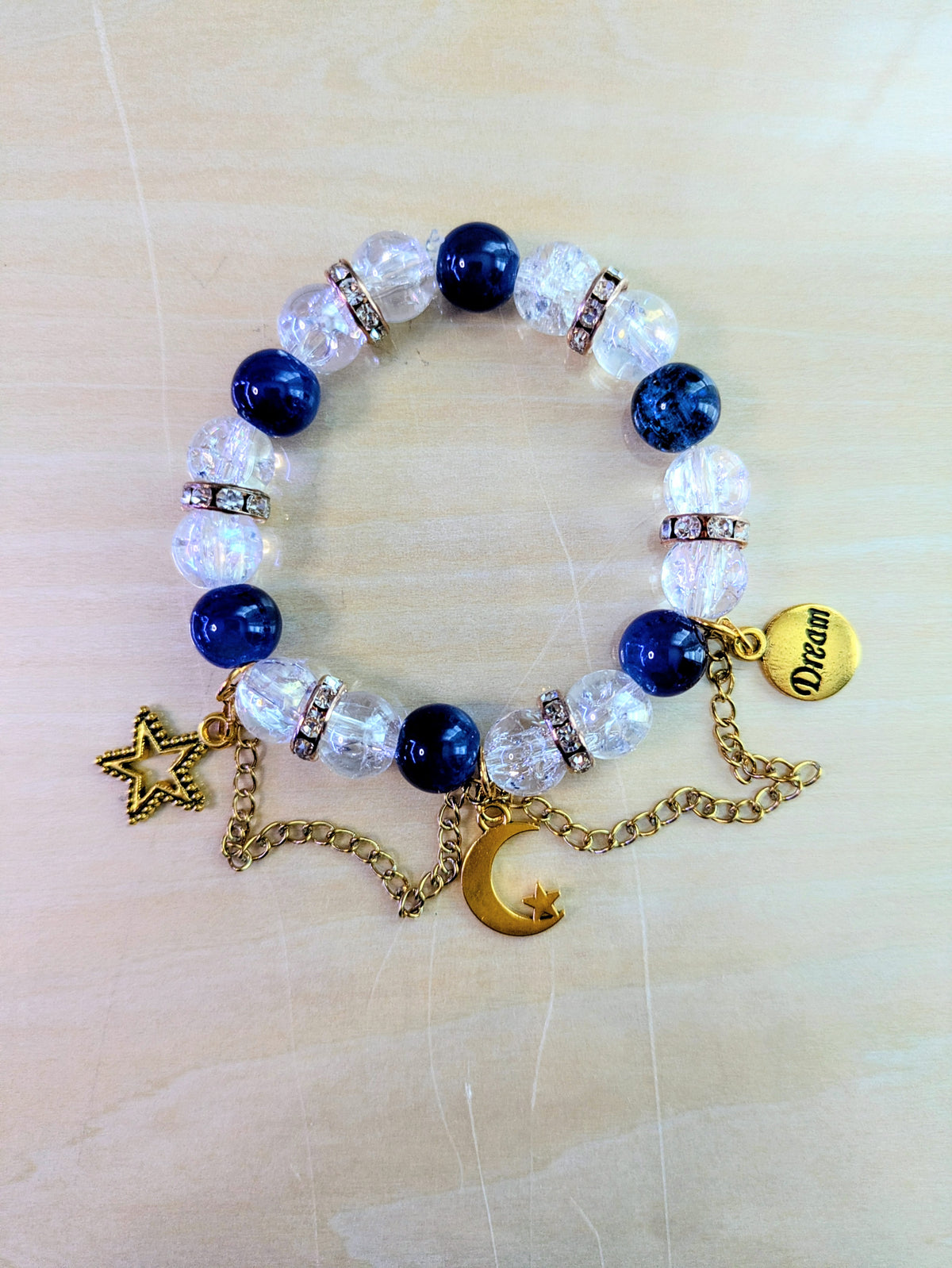 Clear/Blue Glass Beaded Charmed Bracelet