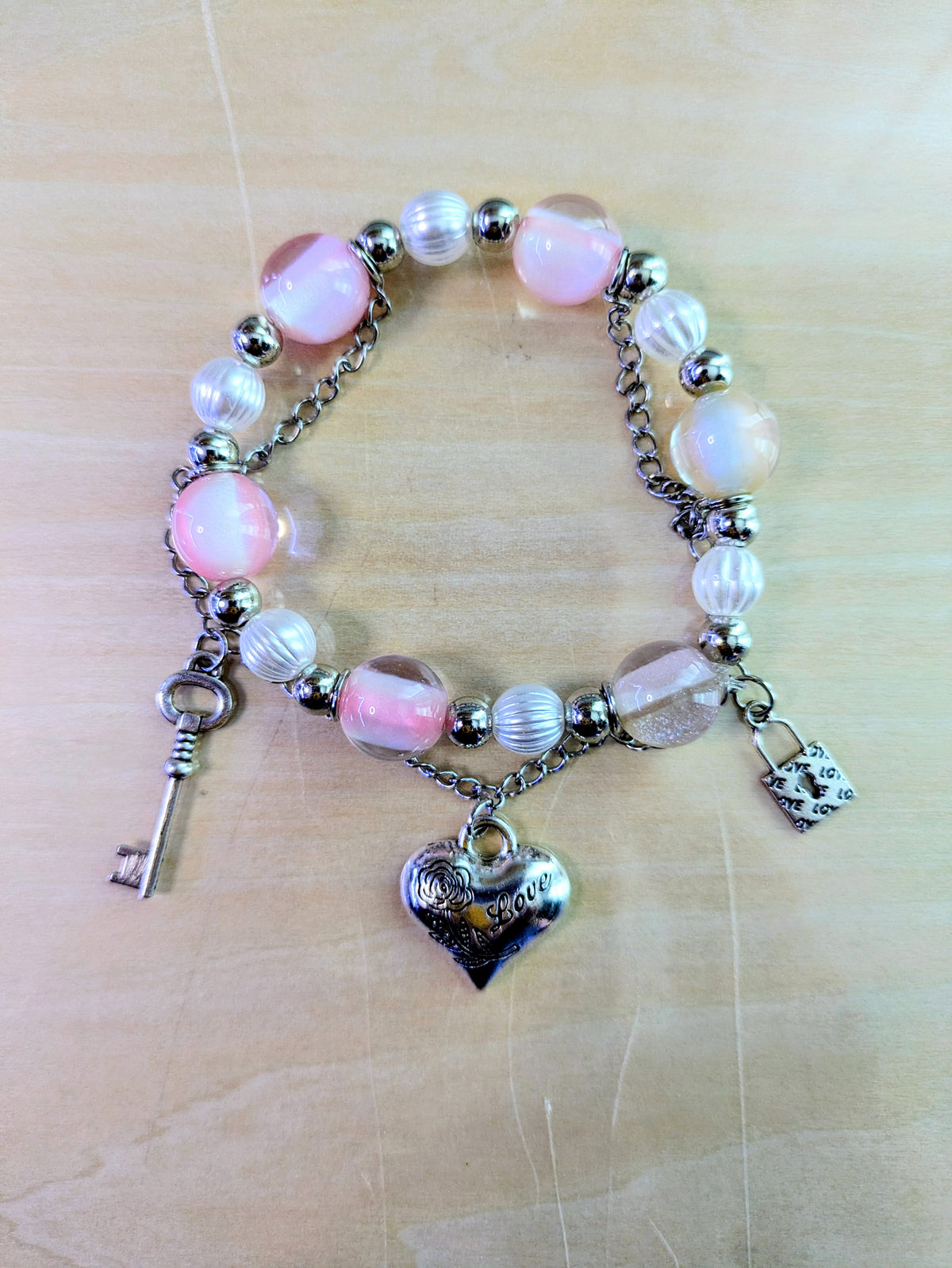 Clear Pink Cat's Eye Beaded Charme Bracelet