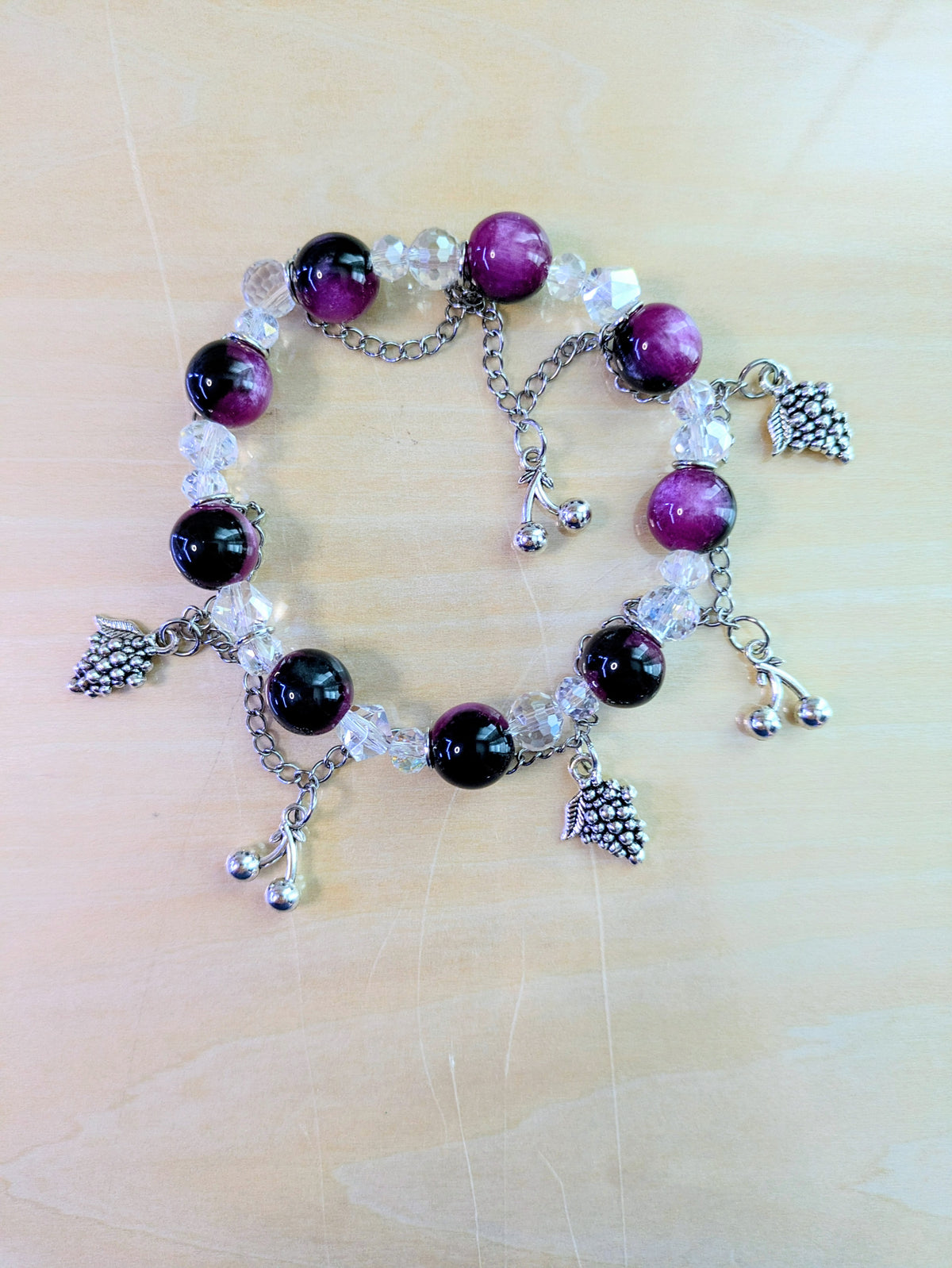 Clear Purple Glass Beaded Charmed Bracelet
