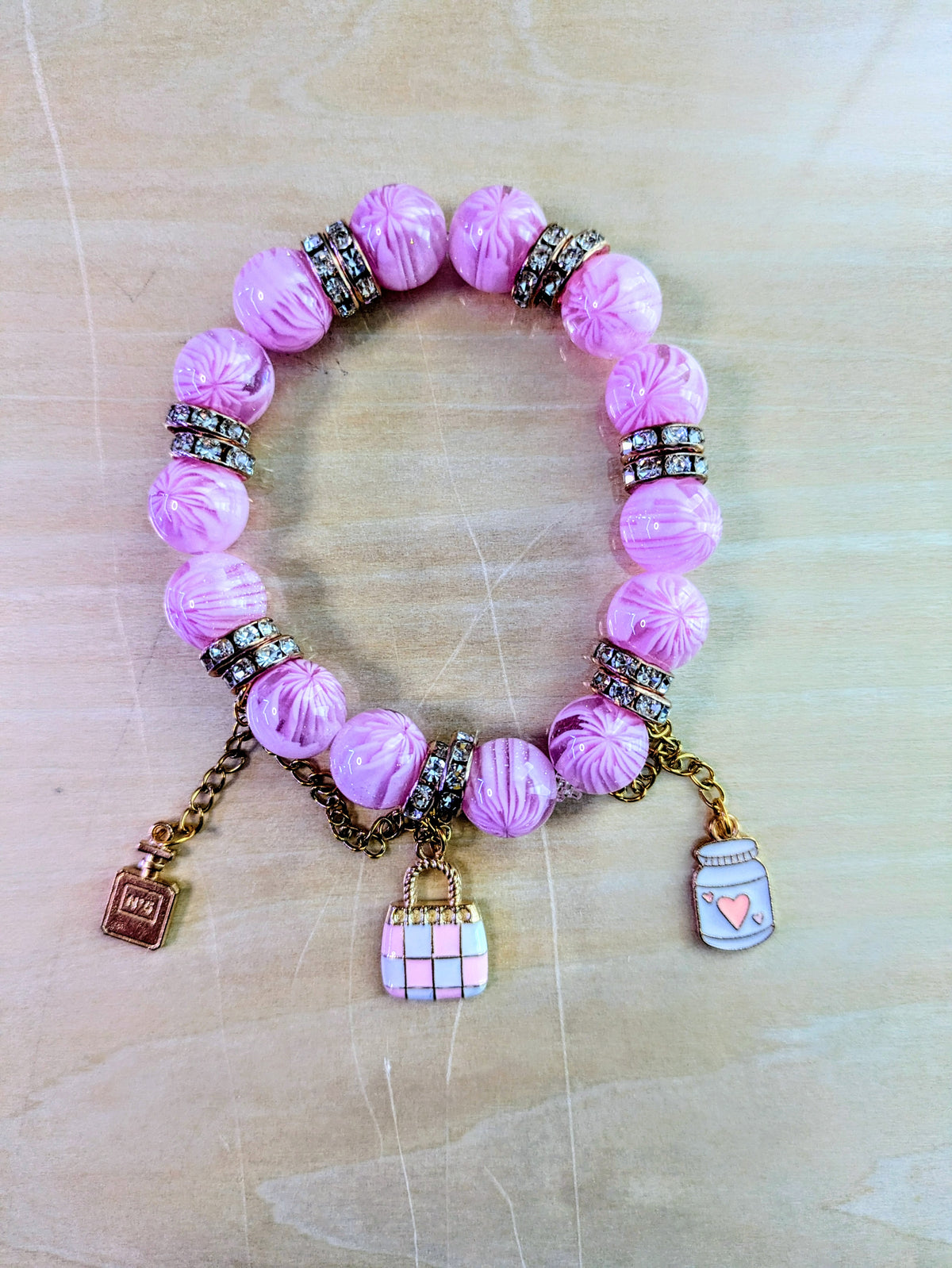 Pink Marbled Beaded Charmed Bracelet