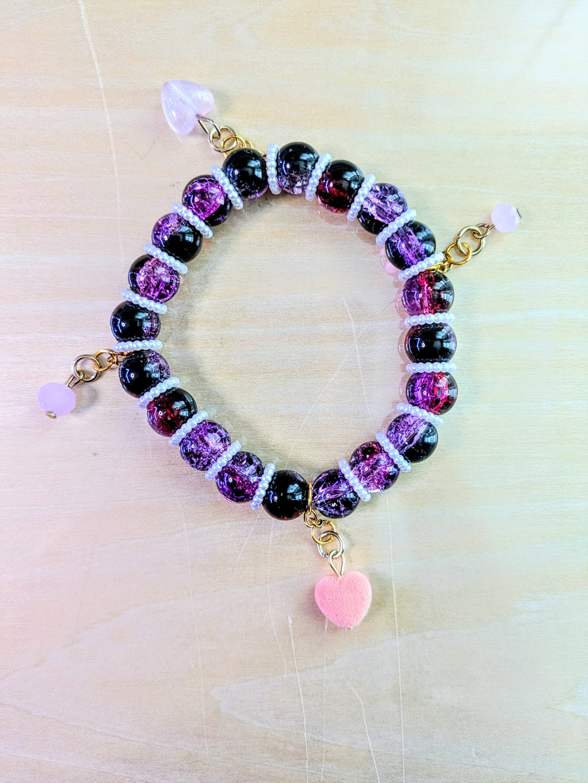 Purple/Black Glass Beaded Pearl Charmed Bracelet